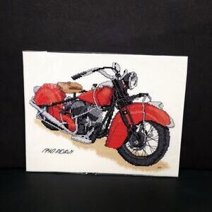 Handmade Cross Stitch 1940 Indian Motorcycle Vintage Bike Needlework Art